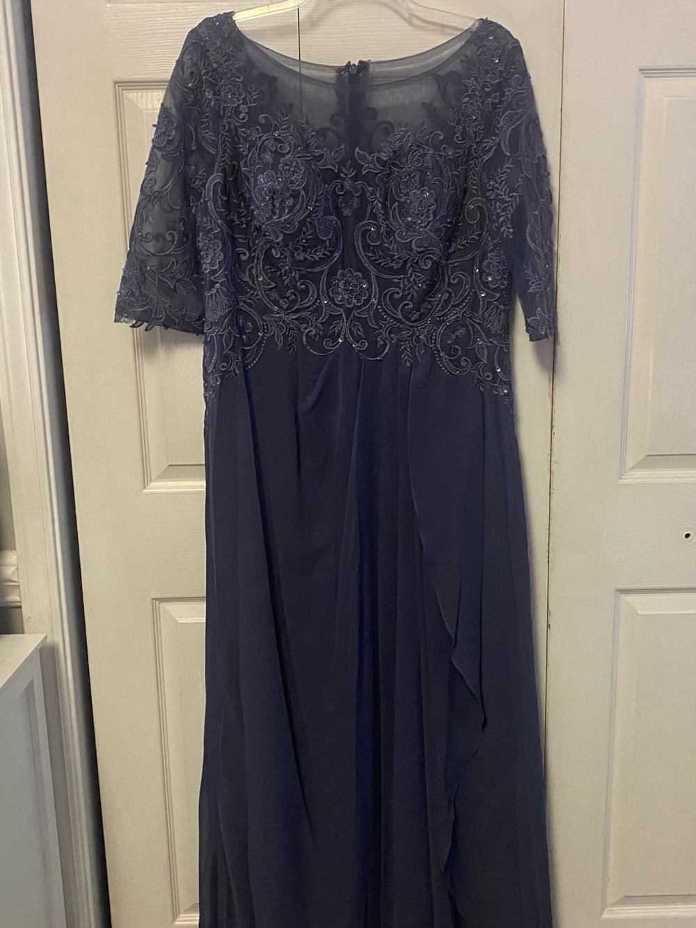 JJs House Navy Embroidered Lace 3/4 Sleeve Evening Gown